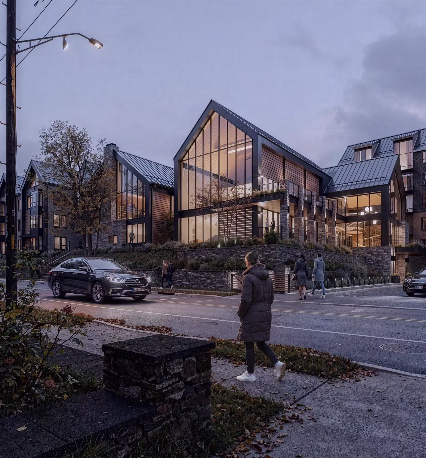 A 3D house rendering of a rustic modern lodge with large glass walls, pitched roofs, and warm interior lighting, situated in a suburban environment during dusk.