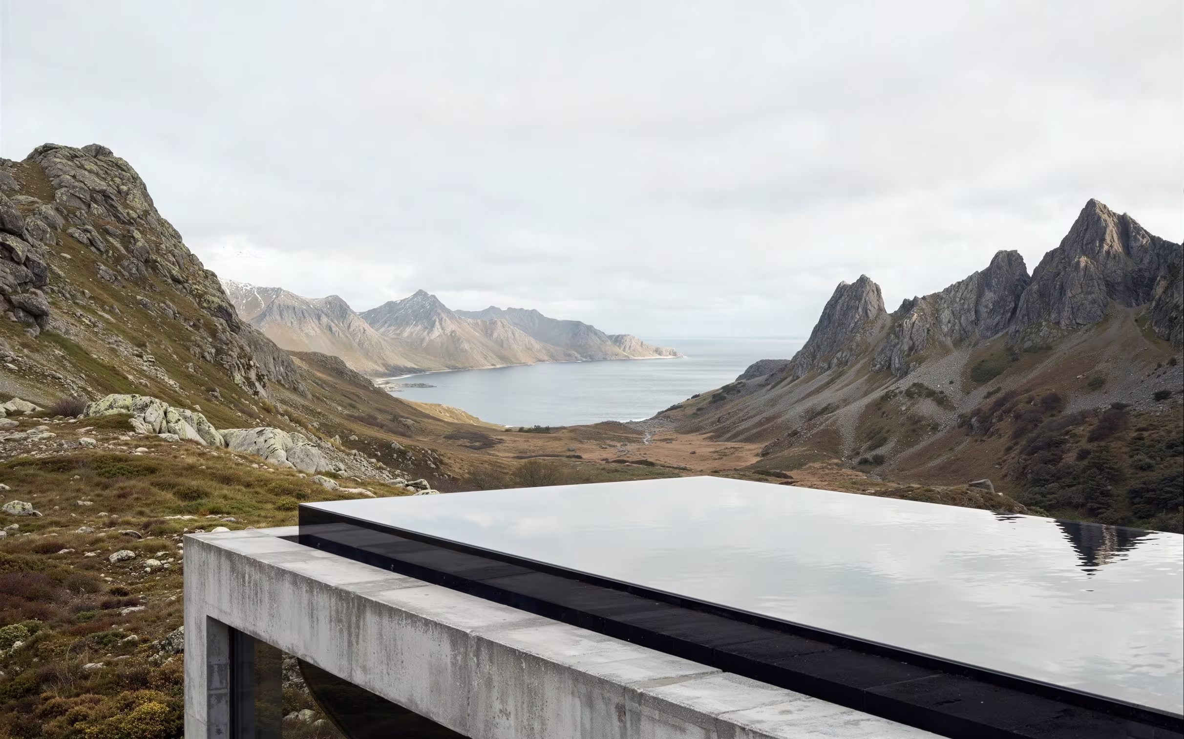 A 3D rendering of a modern building with an infinity pool overlooking a valley and rugged mountains.