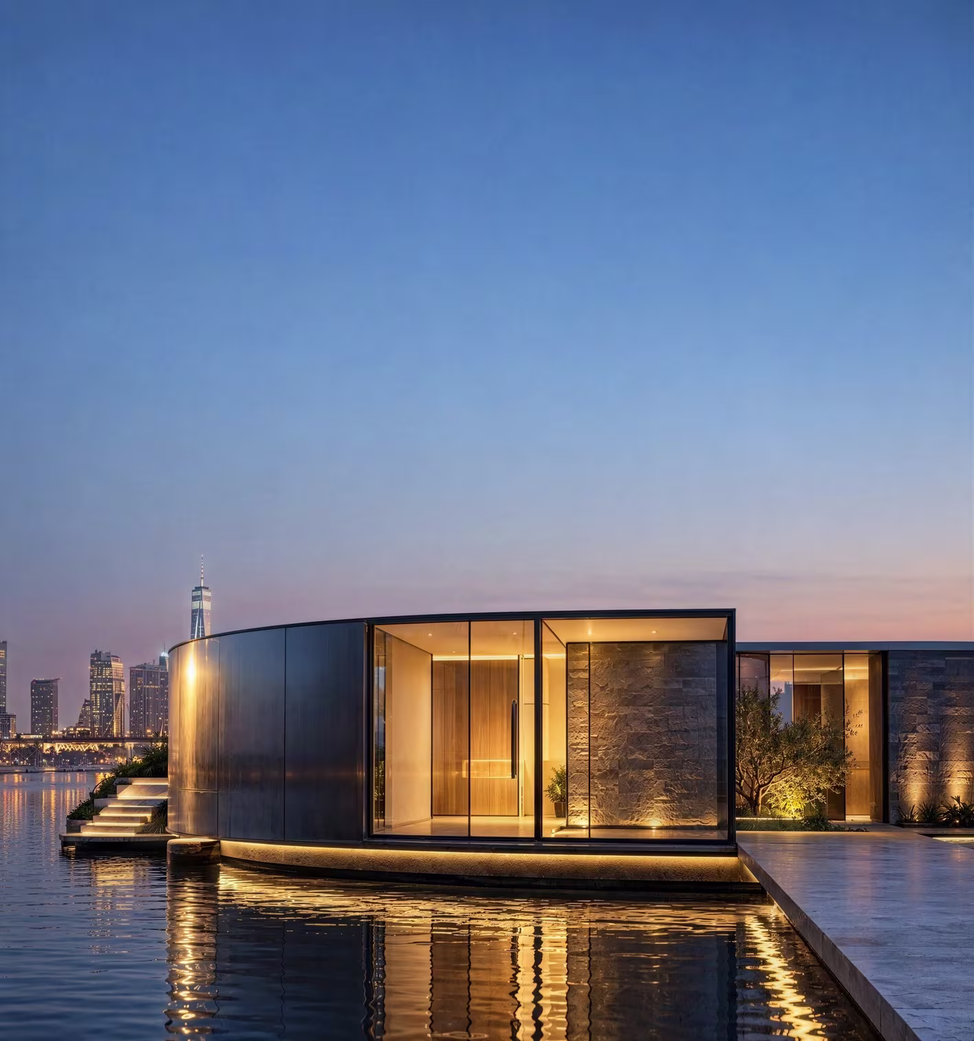 A 3D house rendering of a sleek, modern waterfront house with a curved glass exterior, warm interior lighting, and a luxurious dock area under twilight.