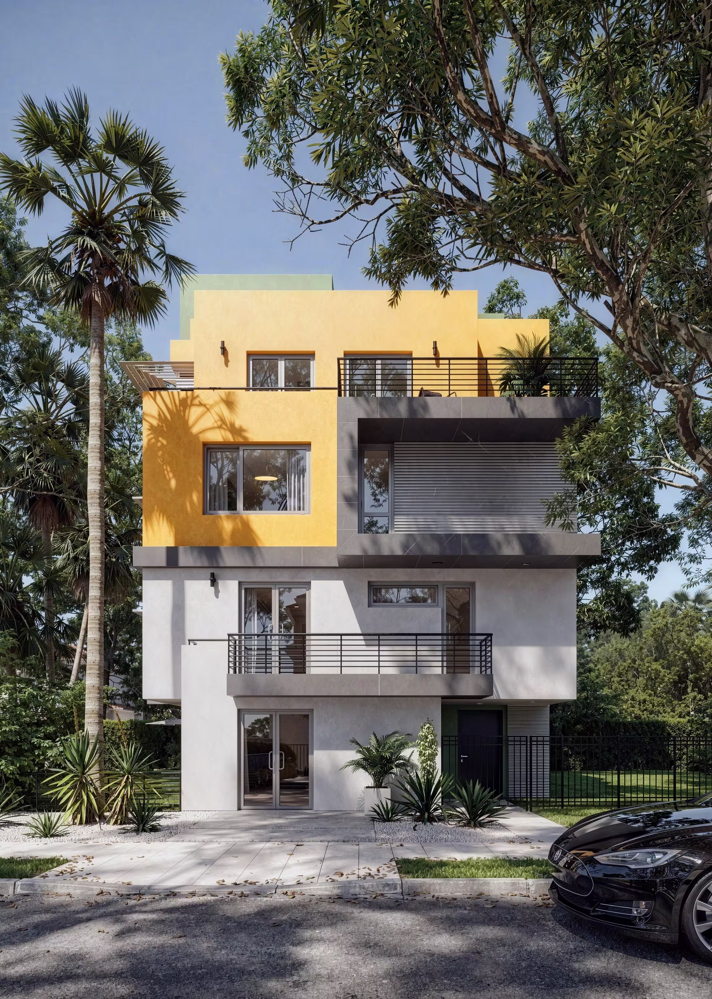 A 3D house rendering of a vibrant yellow and gray multi-story home, featuring balconies, modern landscaping, and surrounded by lush trees under a sunny sky.