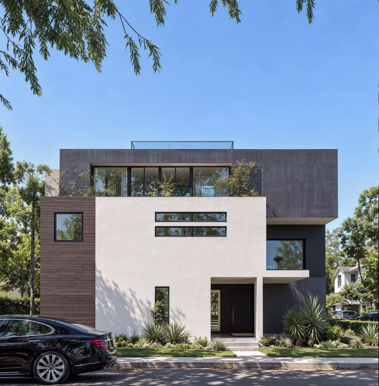 A 3D house rendering of a sleek modern home with dark gray and white facades, a rooftop garden, and a manicured driveway with a parked luxury car.