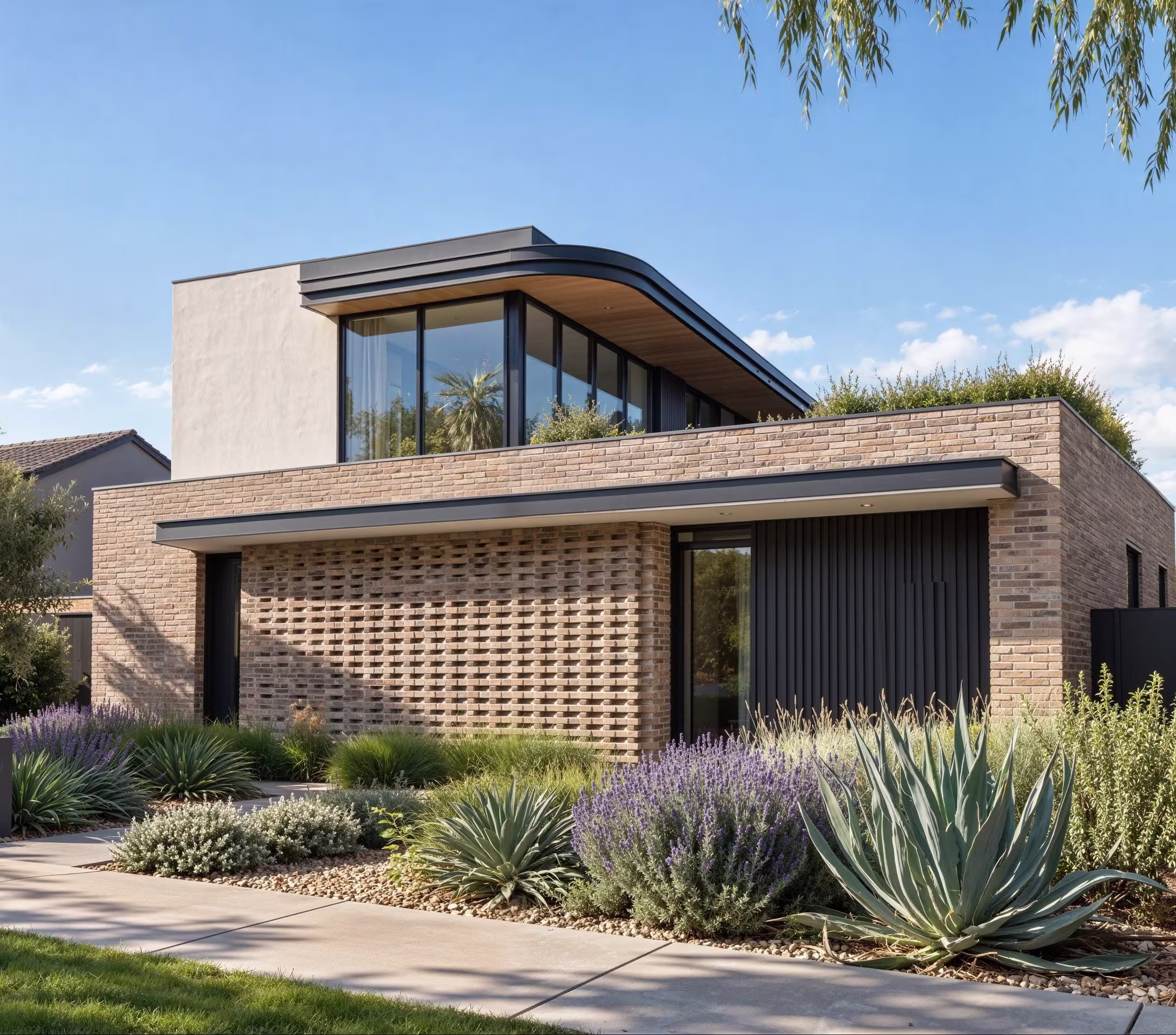 A 3D house rendering of a modern brick home with large glass windows, a landscaped front yard featuring succulents and lavender under a bright blue sky.