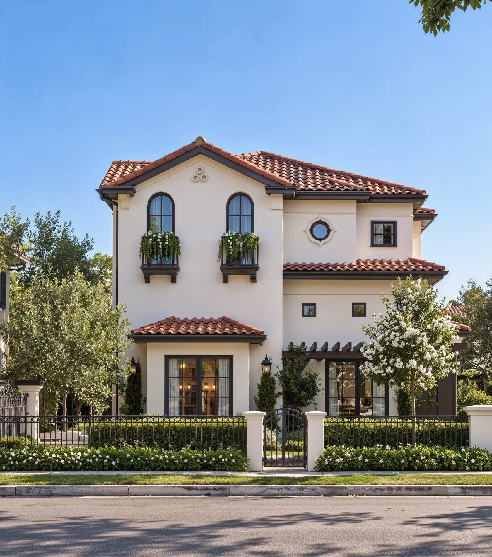A 3D house rendering of a Mediterranean-style home with white stucco walls, red tile roofing, arched windows, and a charming front yard enclosed by a wrought iron fence.