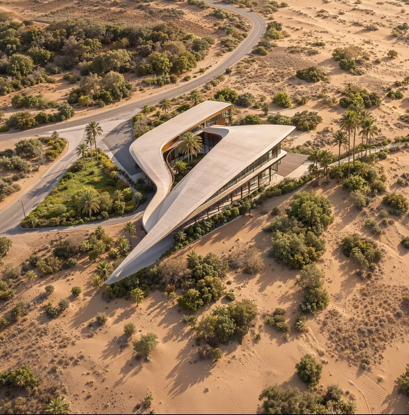 A 3D house rendering of a futuristic desert villa with a sweeping, organic roofline, surrounded by sparse vegetation and sand dunes under golden sunlight.