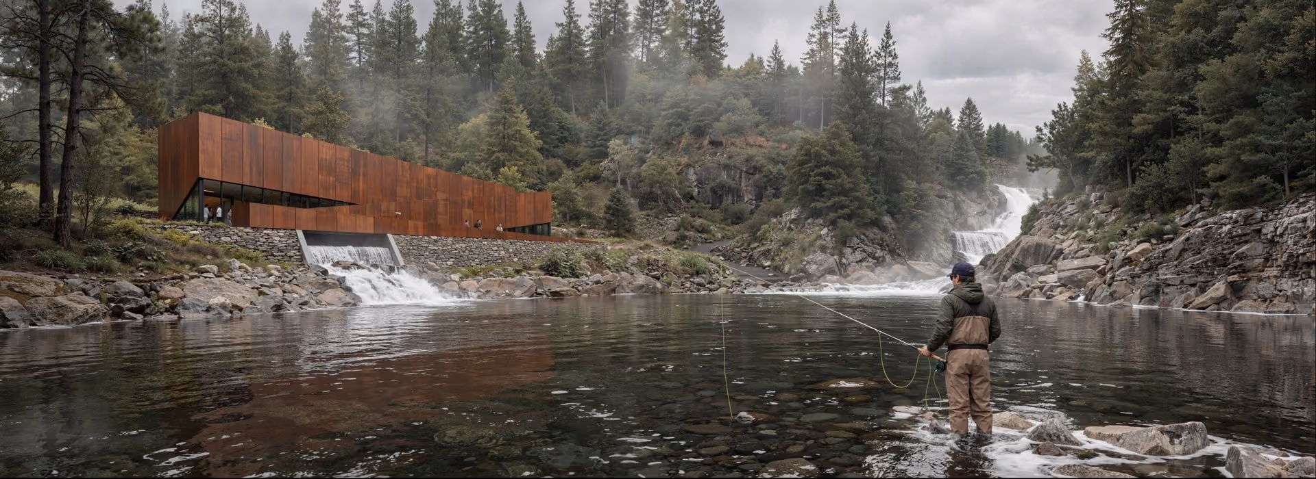 3d industrial rendering of a hydroelectric power station integrated into a forest river landscape with rust-colored corten steel facade, cascading waterfall, and natural rocky surroundings.