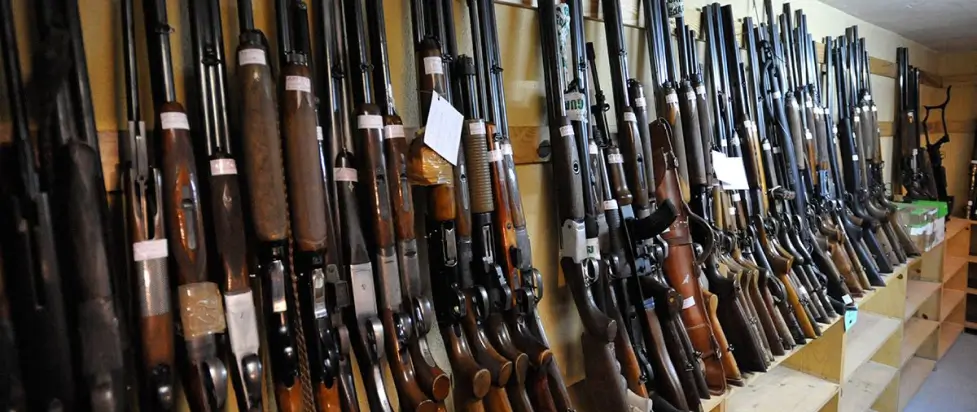 Una variedad de armas en una tienda.