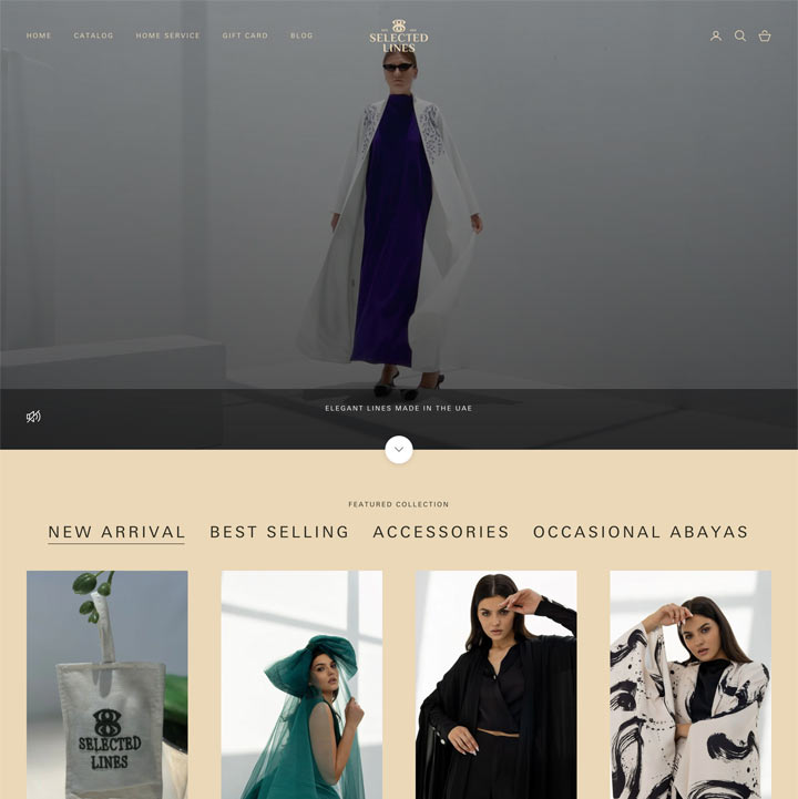 Product details page showing abaya specifications, high-quality images, and a smooth add-to-cart experience for Selected Lines customers.
