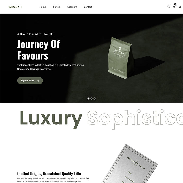 Product listing page of Bunnah online store showcasing specialty coffee beans, blends, and brewing equipment with clear categorization.