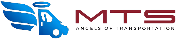 Logo with blue angel winged truck and the text MTS Angels of Transportation.