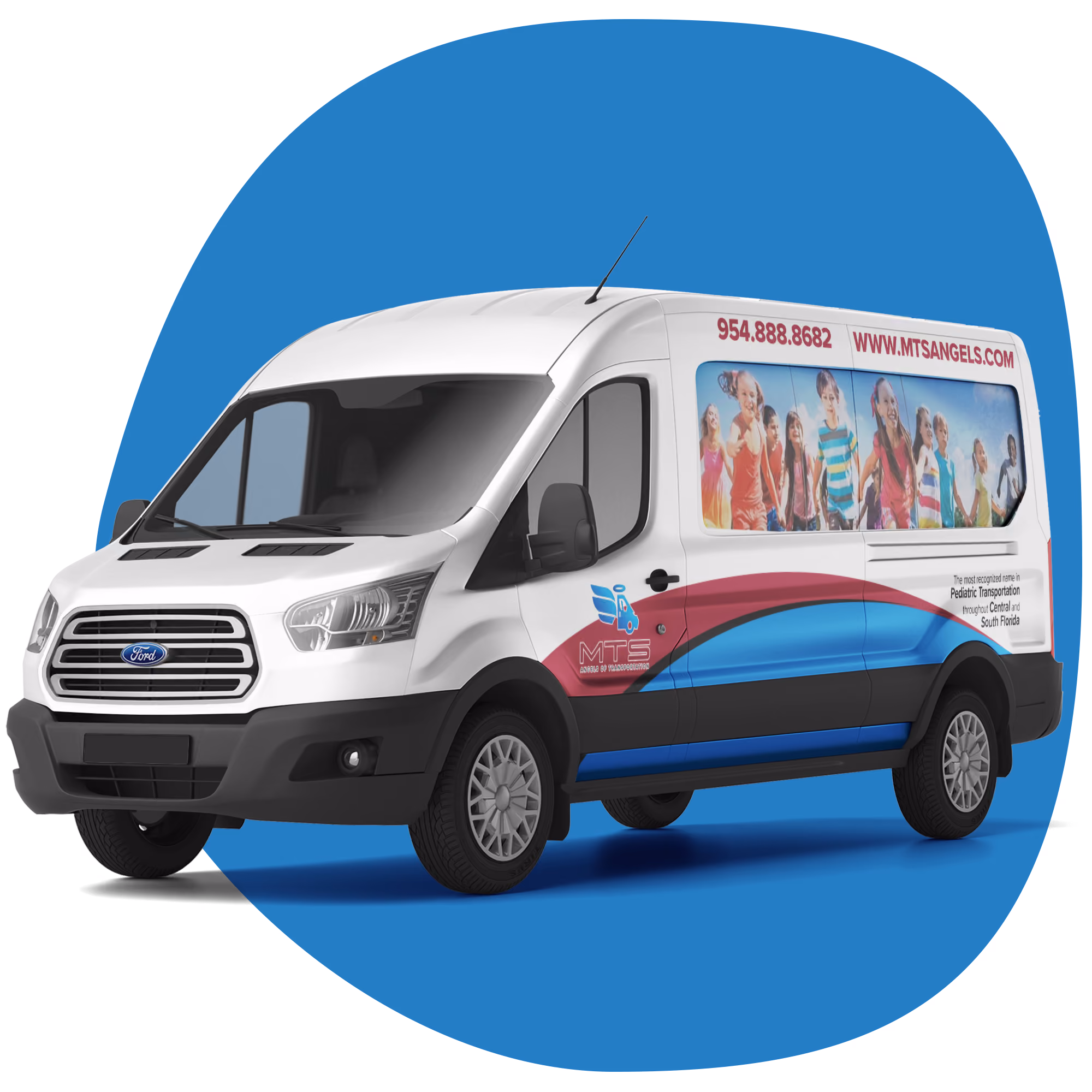White Ford transit van with colorful decals and images of children, used for pediatric transportation.
