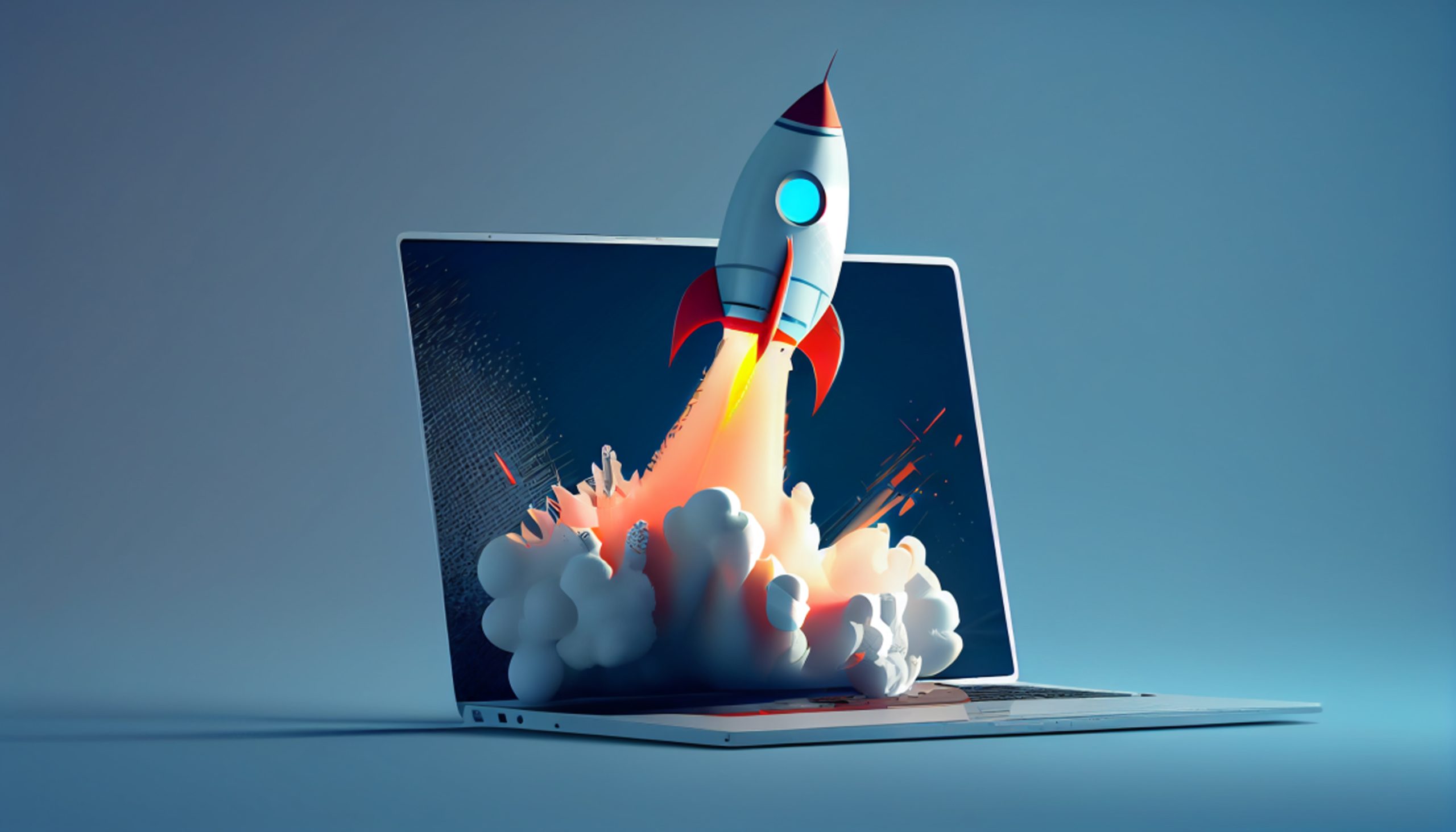 Laptop with a rocket taking off. Concept of earning money online