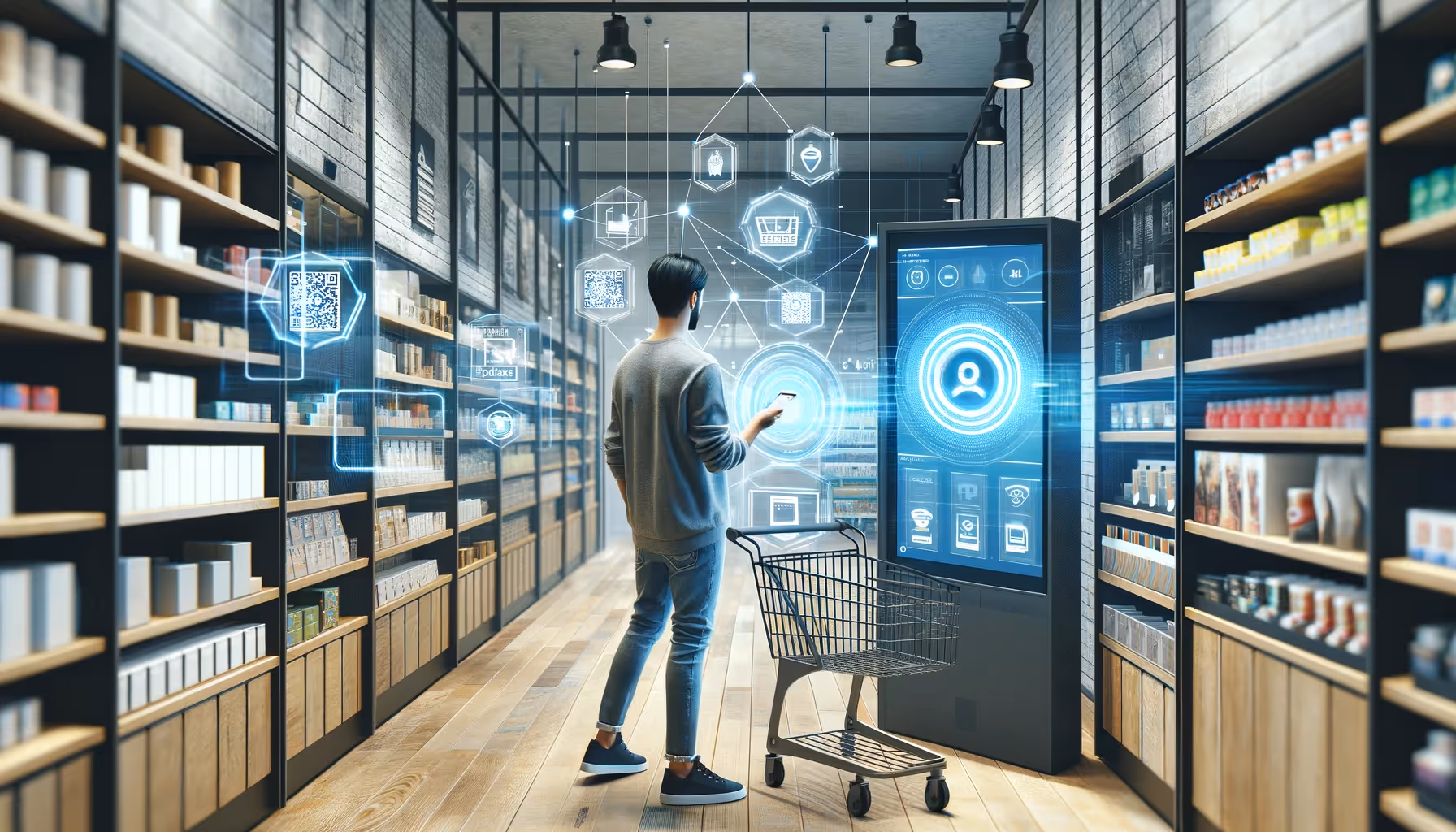 DALL·E 2024-04-08 11.02.08 - Create an image that blends a contemporary shopping experience with digital elements. Show a person in a modern store, perhaps wearing casual clothing|DALL·E 2024-04-08 11.03.48 - Create a clean and simplistic image that blends a modern shopping experience with subtle digital elements for use as a blog post background. Show a pe