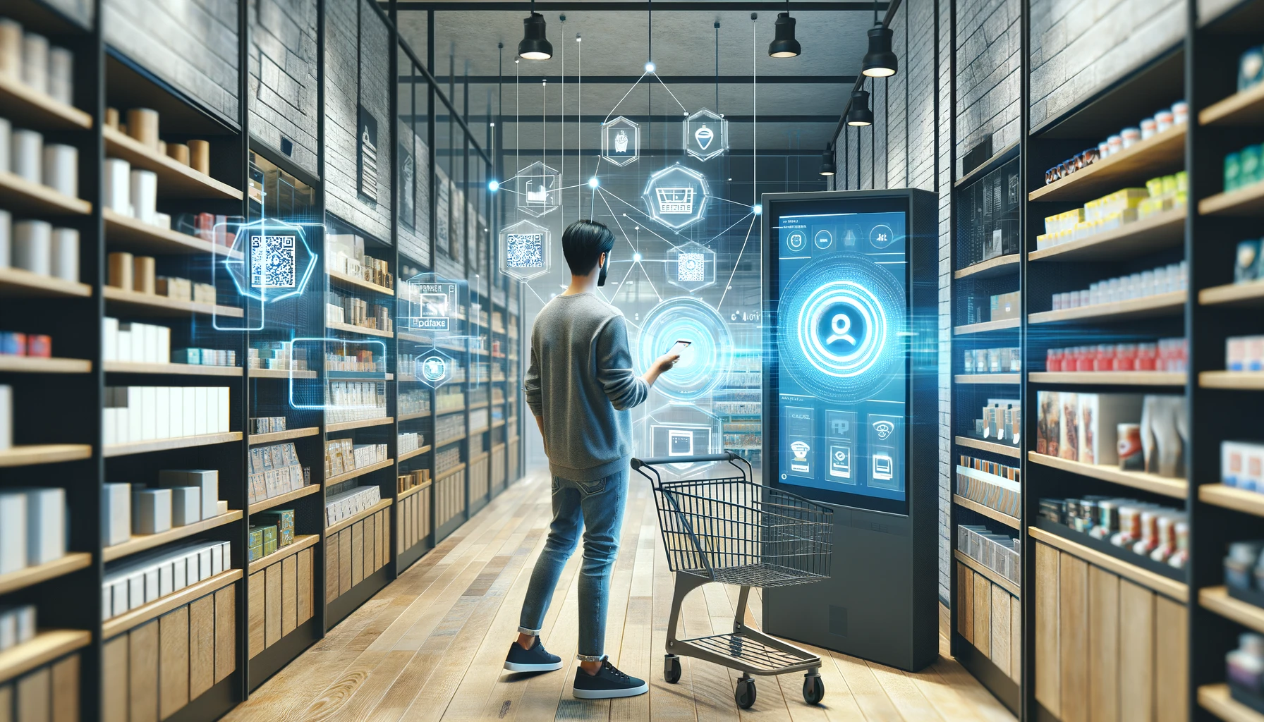 DALL·E 2024-04-08 11.02.08 - Create an image that blends a contemporary shopping experience with digital elements. Show a person in a modern store, perhaps wearing casual clothing|DALL·E 2024-04-08 11.03.48 - Create a clean and simplistic image that blends a modern shopping experience with subtle digital elements for use as a blog post background. Show a pe