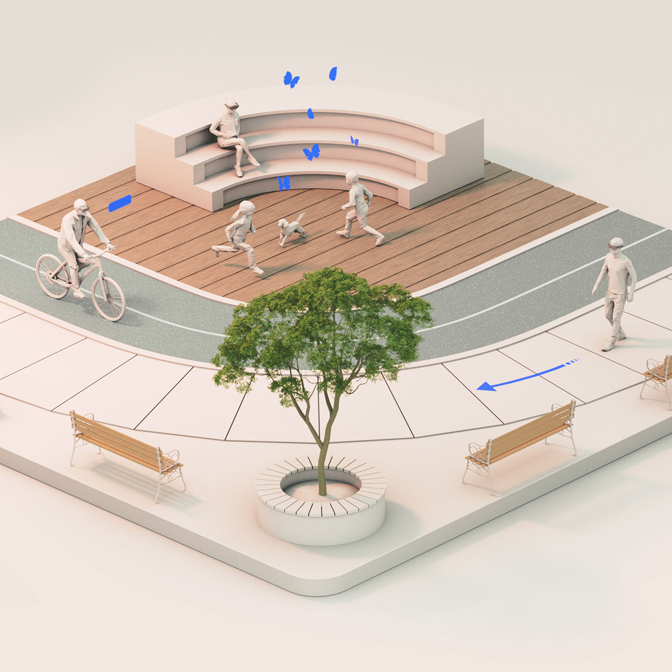 A park with multiple people using augmented reality while walking, cycling, and relaxing on amphitheater seating.
