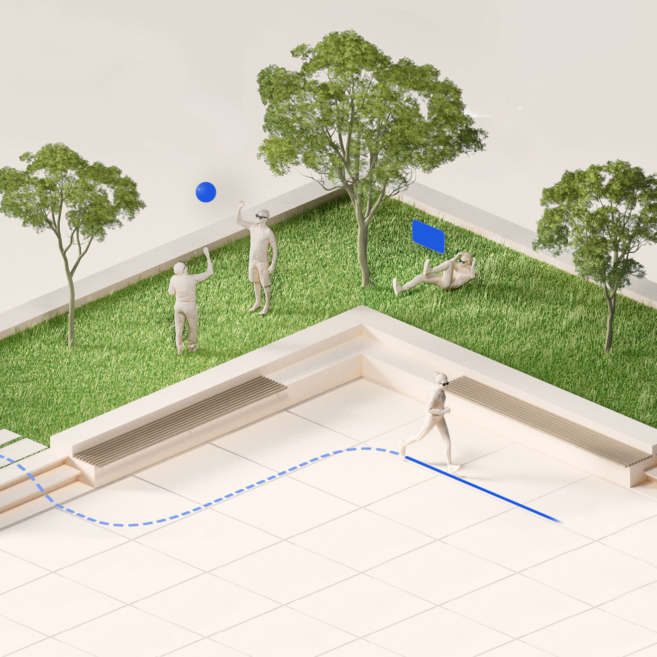 Four people at a park wear AR devices. Two play with a ball, one completes an exercise routine, and the other is jogging.