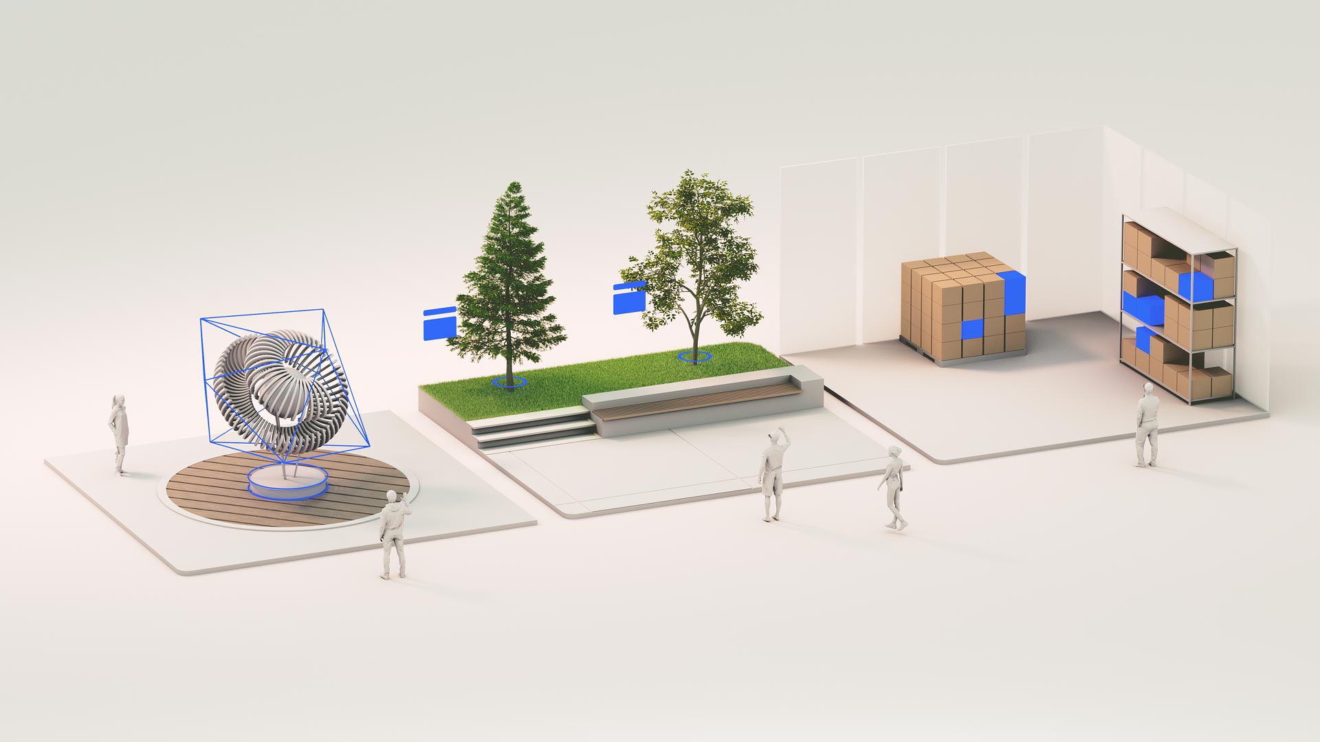 Side-by-side spaces showing contextually relevant AR content placed in a museum, a park, and a warehouse.