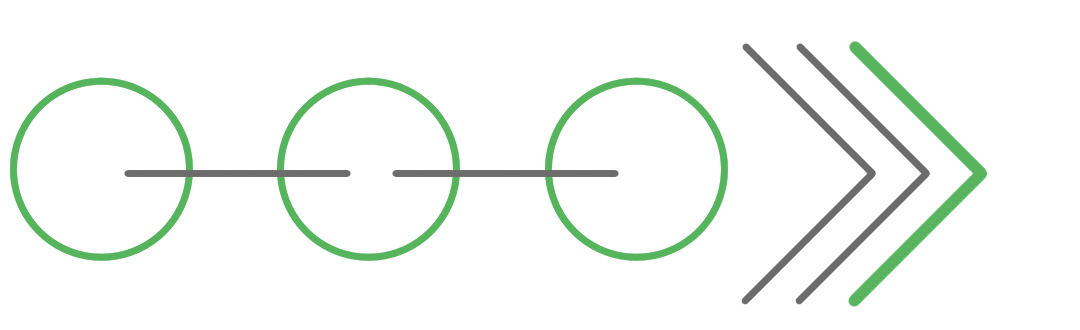 A design with circles and arrows to represent in-house collaboration and speed.