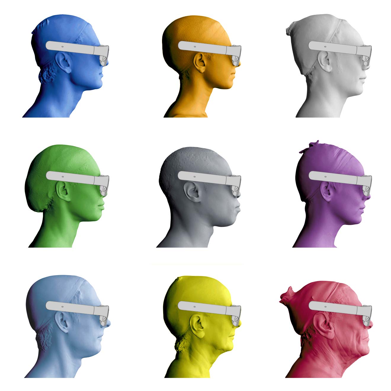 A grid of human head scans representing the diversity of AR device users.