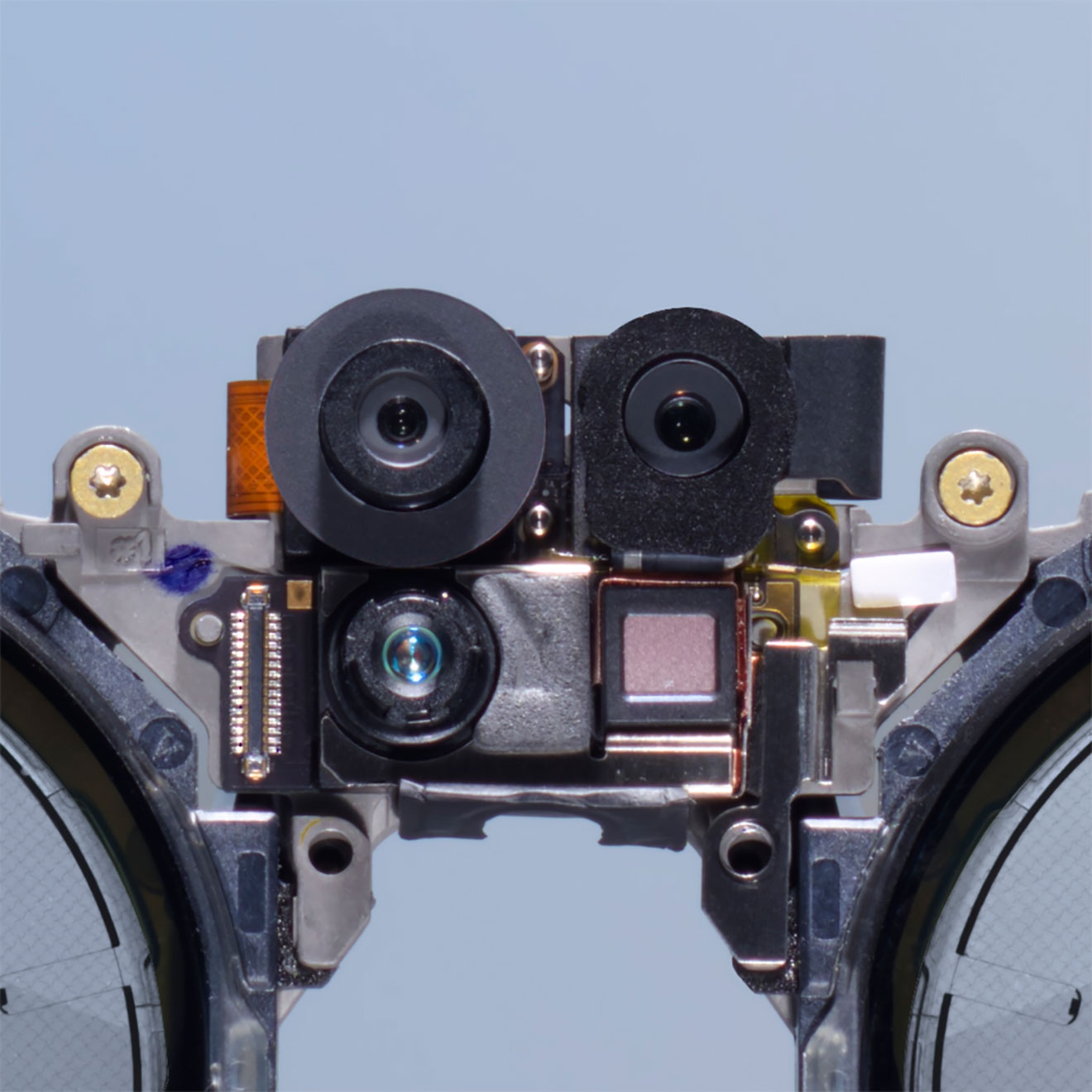 A closeup of the cameras on an augmented reality device for a deeper understanding of sensors.