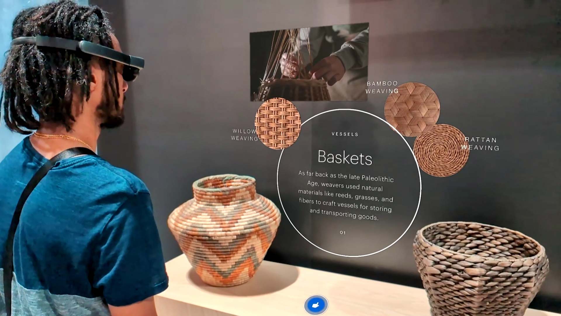Man in a museum with a Magic Leap 2 headset experiencing Augmented Reality.