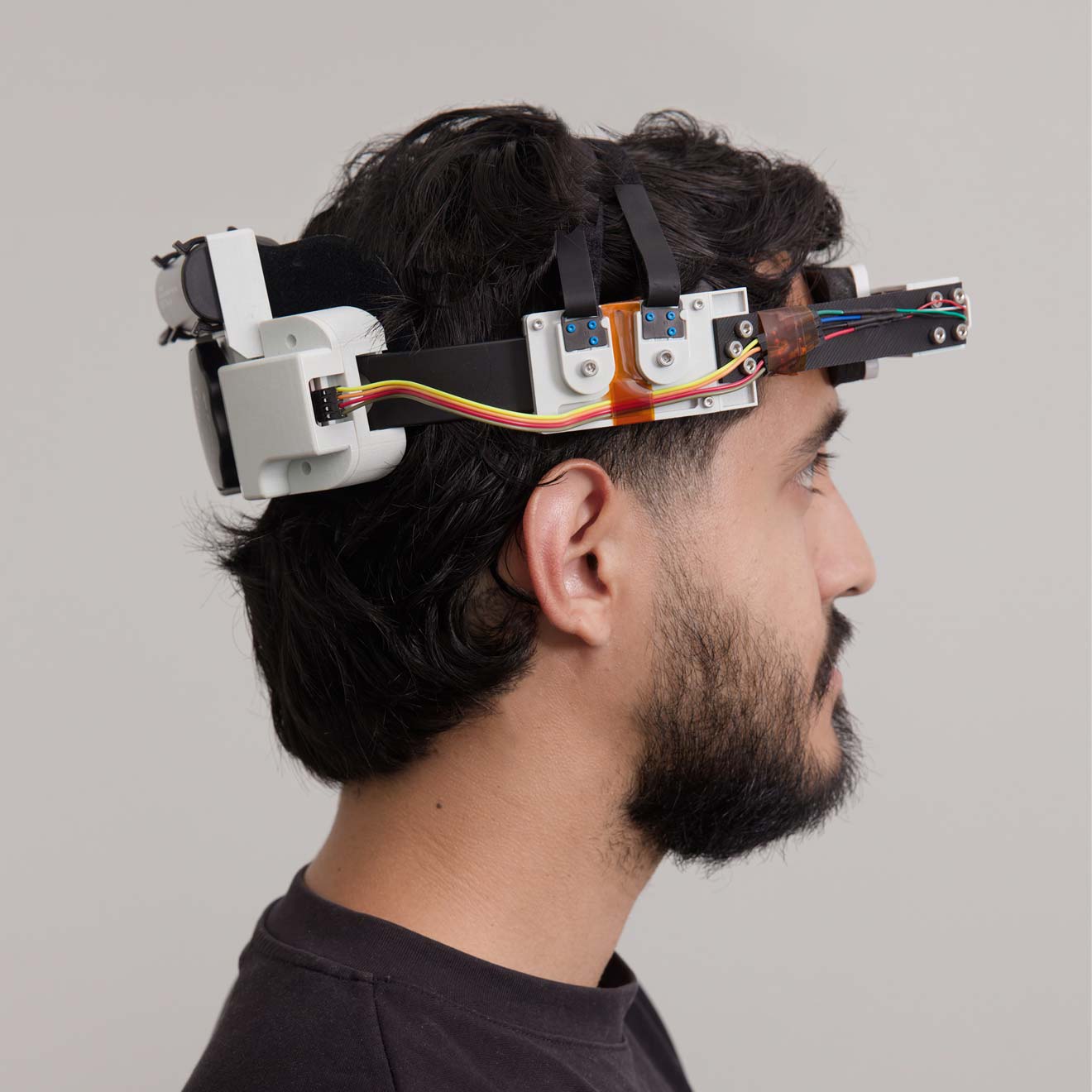 During a comfort and fit test, a test subject wears a headband loaded with sensors to help Magic Leap engineers gather data.