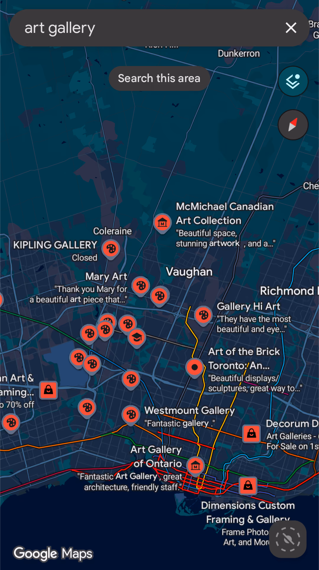 Google Maps search for art galleries