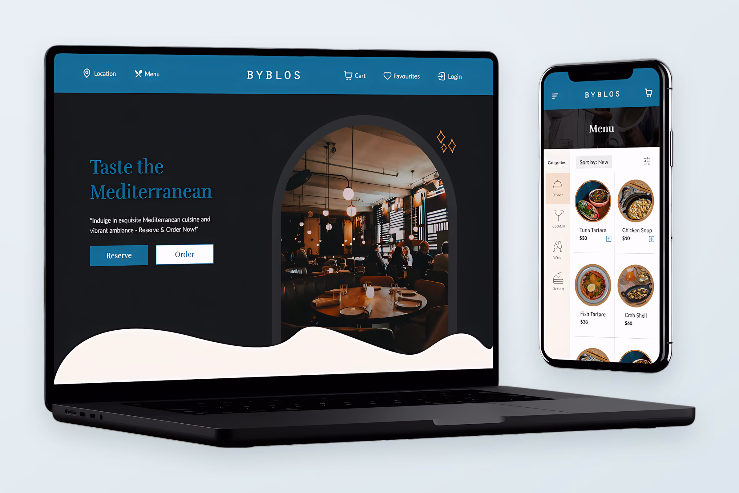 Byblos restaurant website and app screens