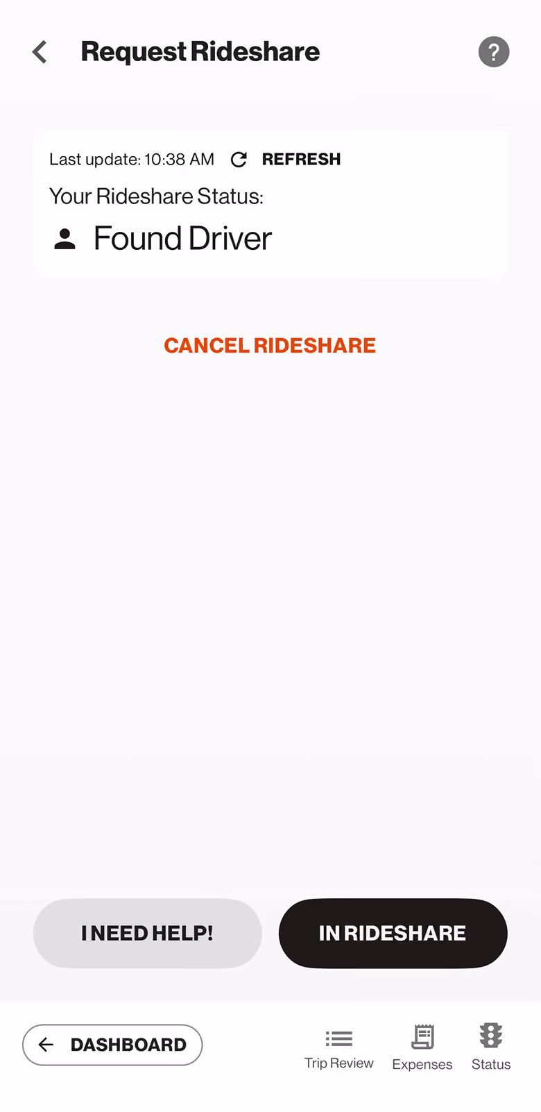 Rideshare Status screen
