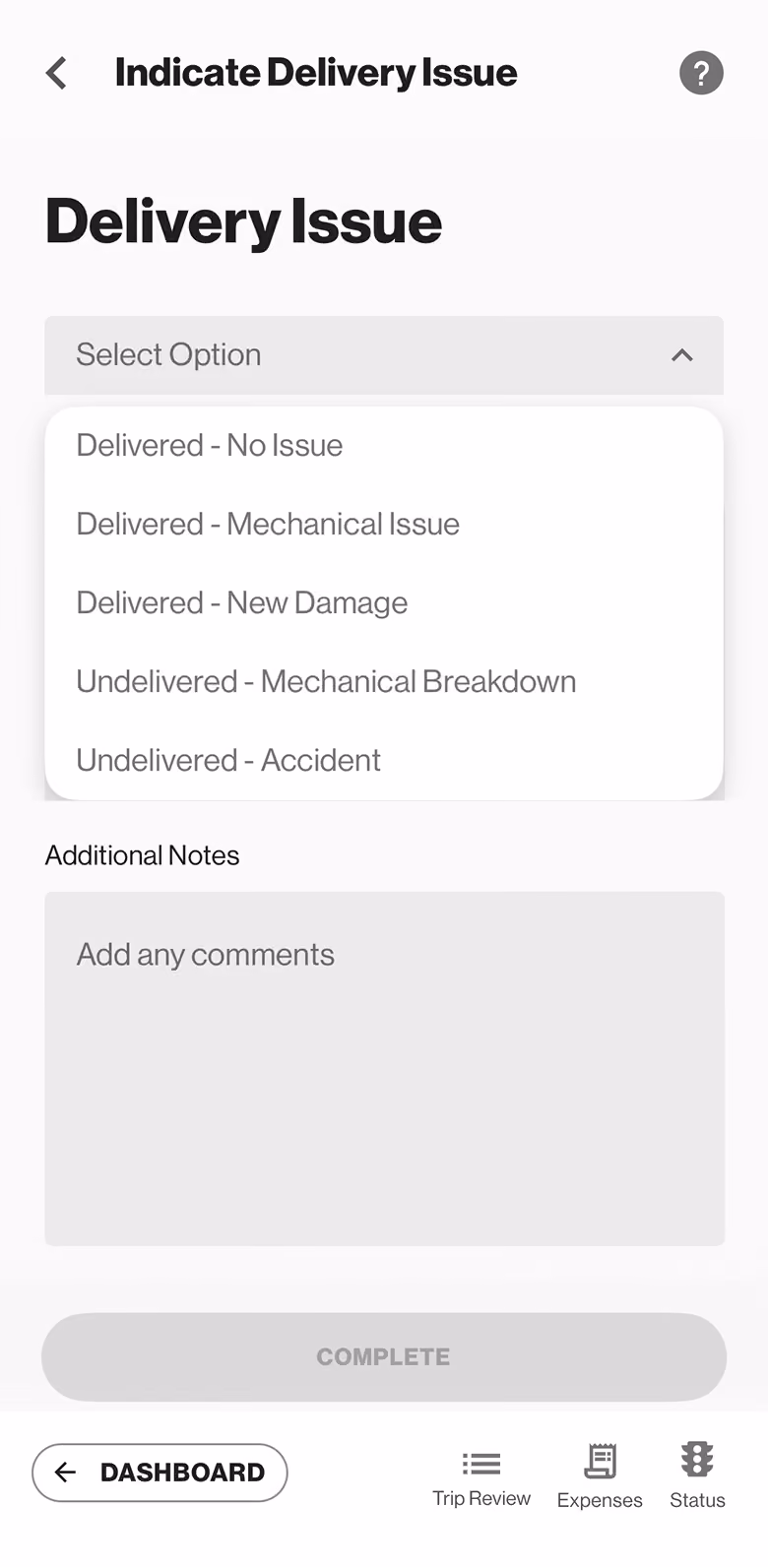 Indicate Delivery Issue screen