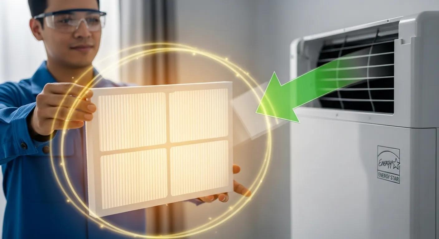 Technician holding a clean air conditioning filter, emphasizing energy efficiency