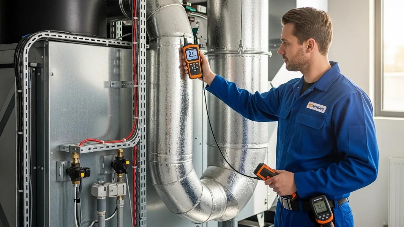 Technician inspecting HVAC system for efficiency, demonstrating the benefits of clean air ducts