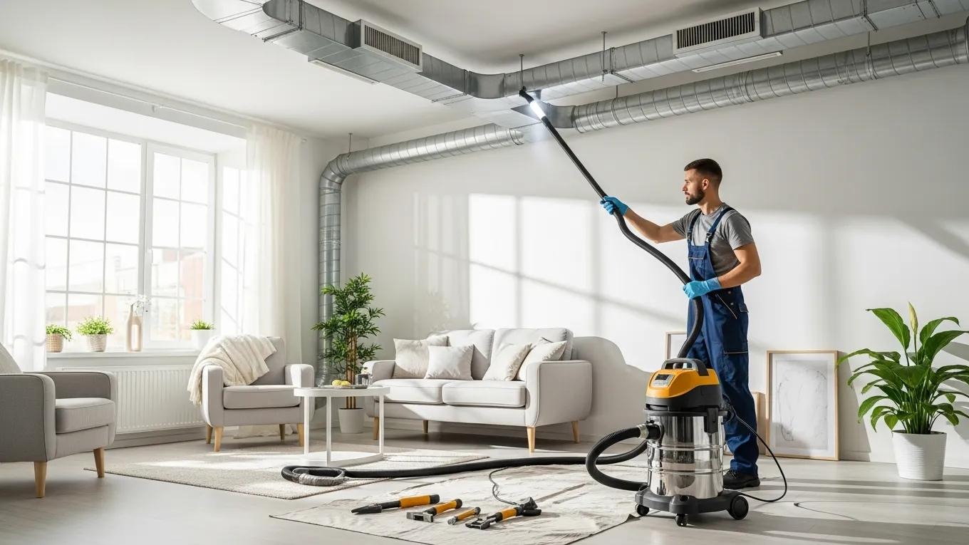 Professional air duct cleaning service in a modern living room, highlighting the importance of indoor air quality