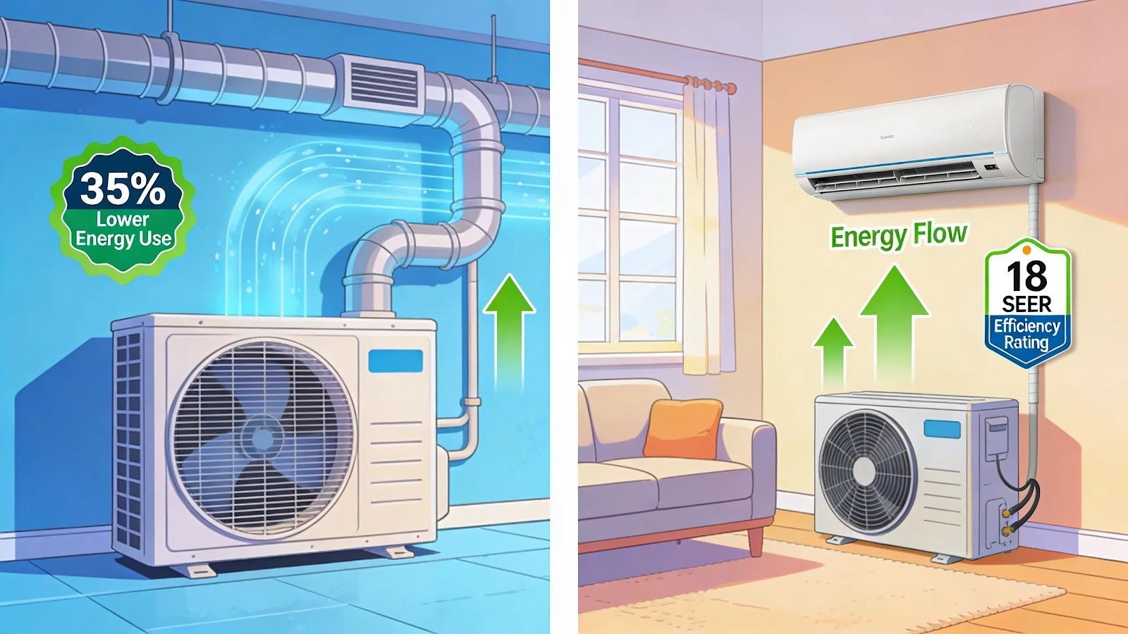 Illustration of central AC and ductless mini-split unit showcasing energy efficiency and savings