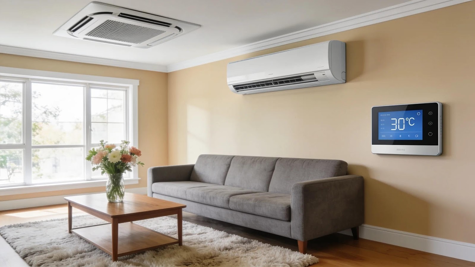 Modern home interior featuring both central air conditioning and ductless mini-split systems highlighting HVAC options
