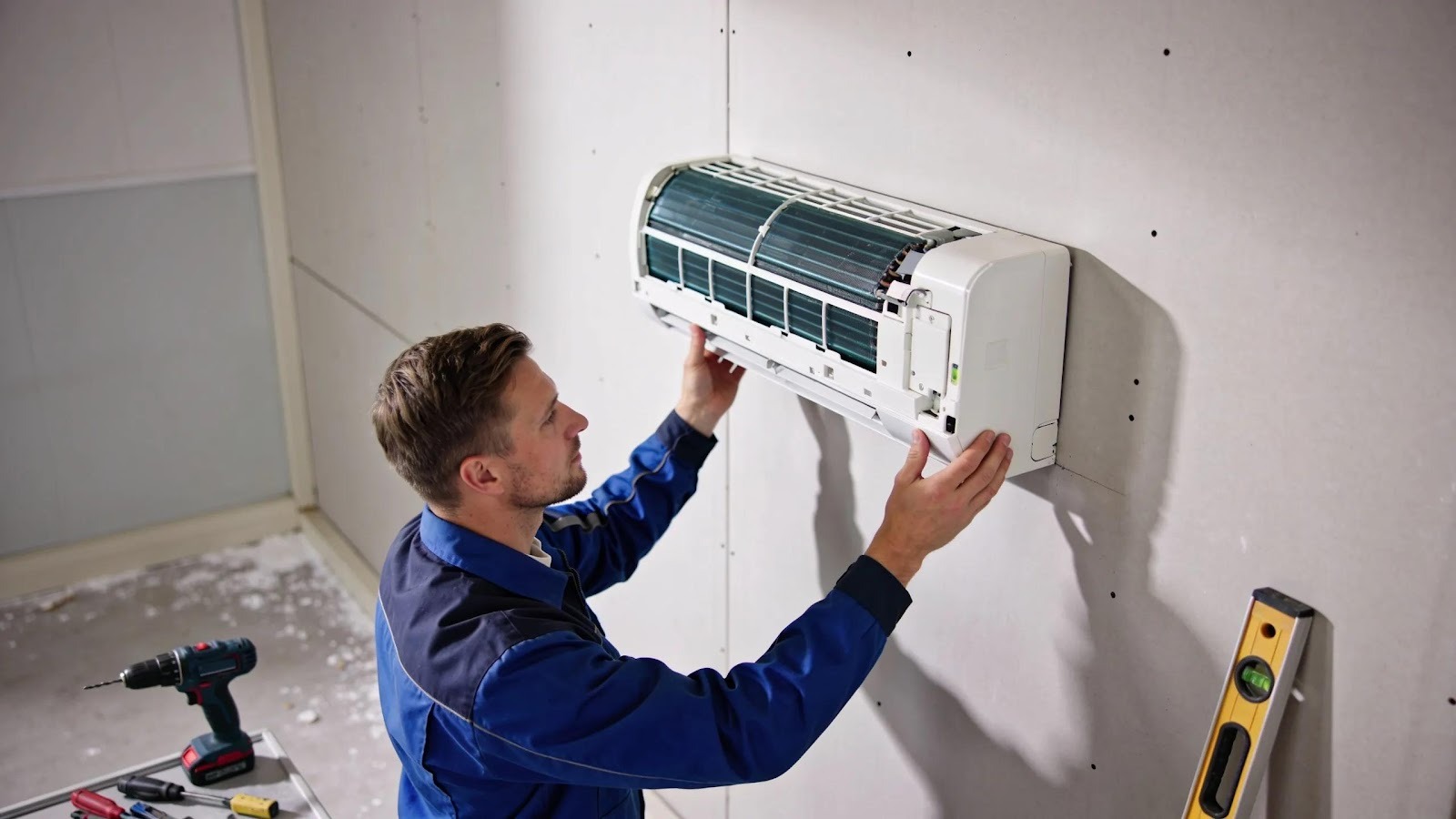 Technician installing a ductless mini-split system, highlighting easy installation process and minimal disruption