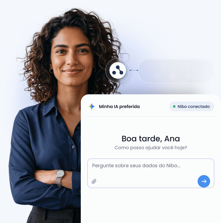 Contadora sorrindo ao lado de um chat de IA conectado ao Nibo, com a resposta sobre os atendimentos do mês