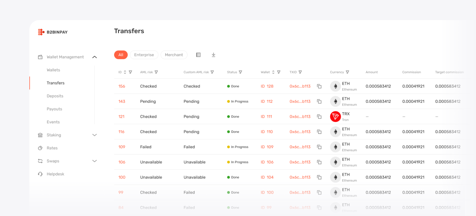 B2BinPay dashboard transfers table showing crypto transactions with status, wallet, currency, and fees"