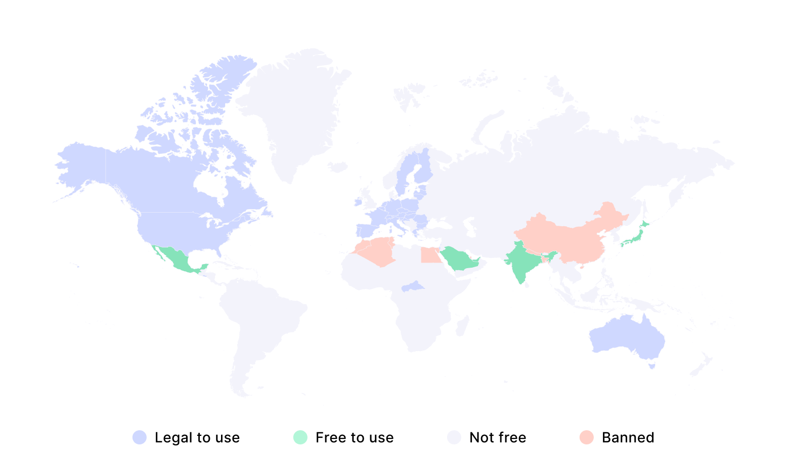 World map highlighting countries with different legal statuses of cryptocurrency: light blue for legal, green for restricted, gray for disputed, pink for banned.