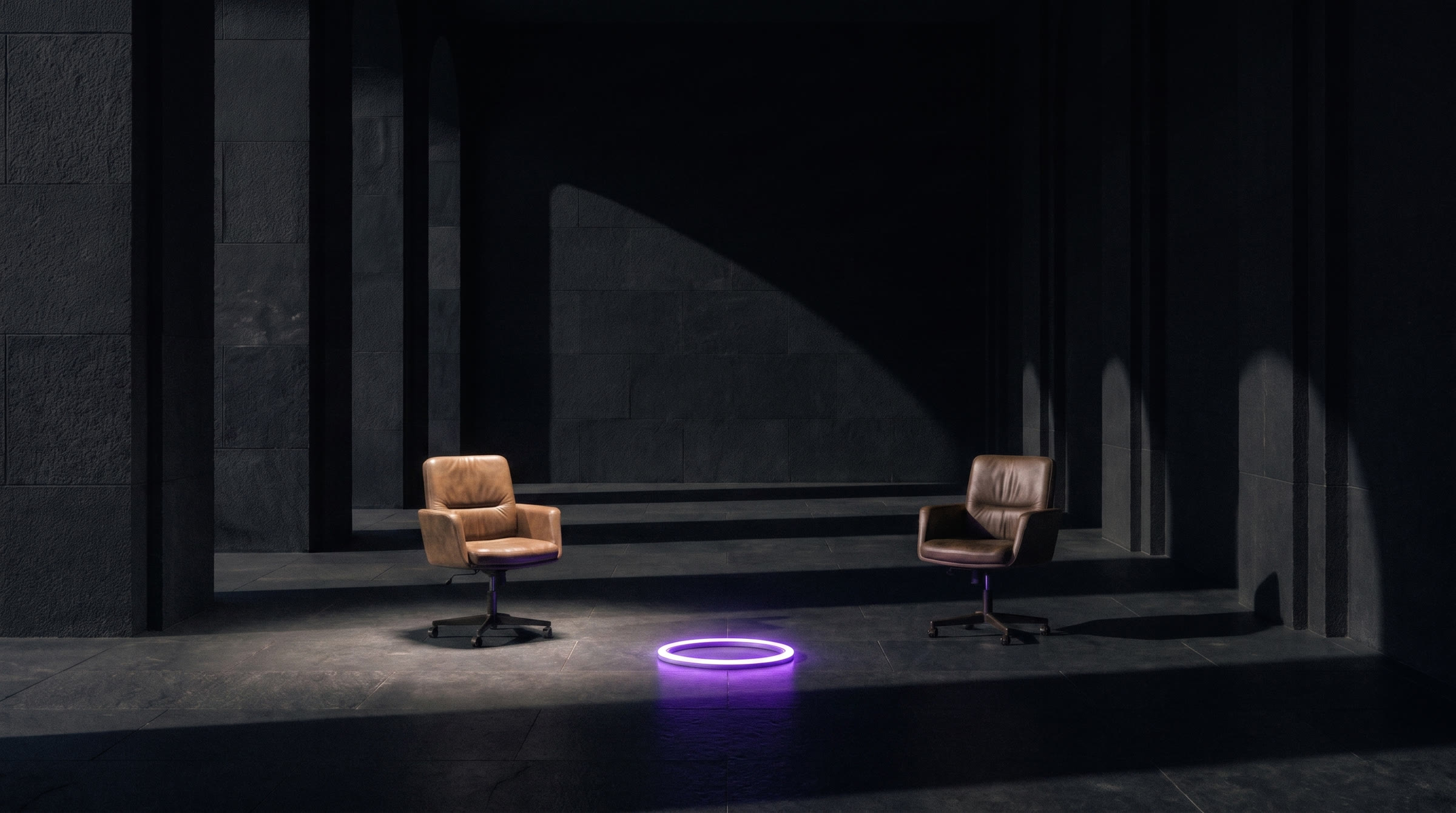 Two empty chairs, unused purple ring between light and shadow