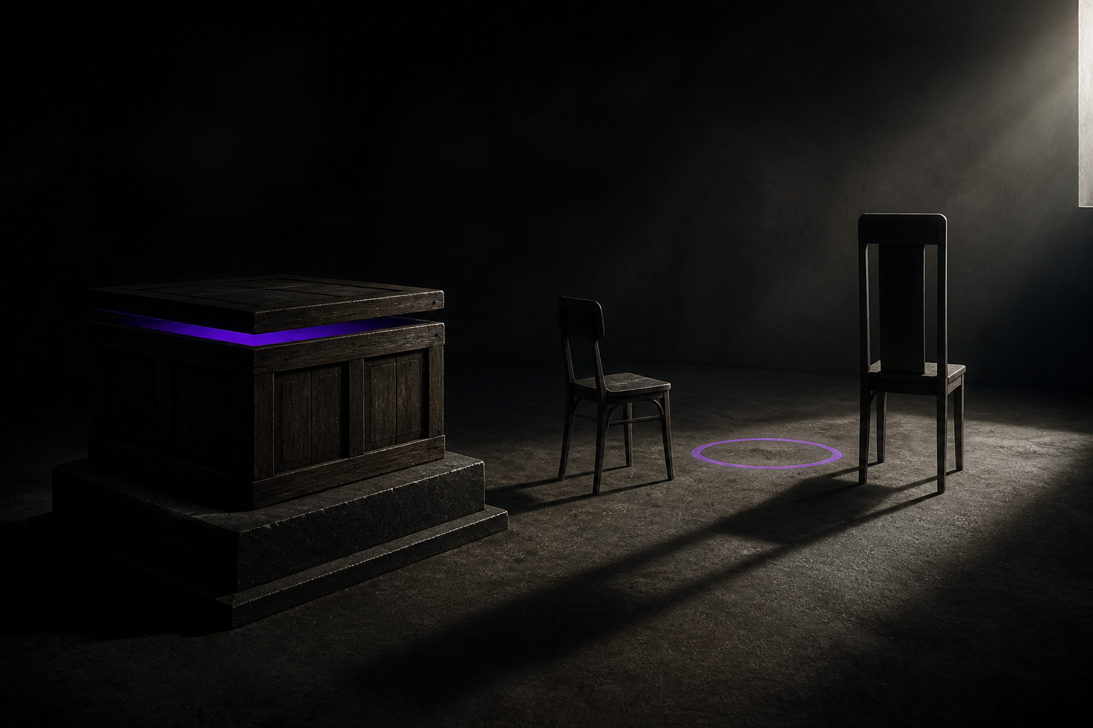 Versiegelte Kiste mit violettem Licht, zwei leere Stuehle unterschiedlicher Hoehe