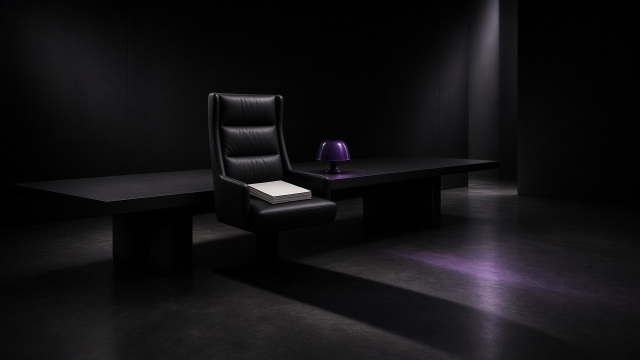 Empty executive chair with blank mandate dossier and purple lamp — Motto x Beyond Chiefs
