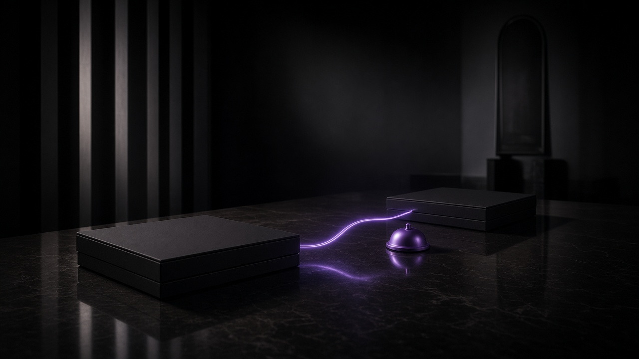 Two empty briefing blocks linked by a violet reporting line and escalation bell — Motto x Beyond Chiefs