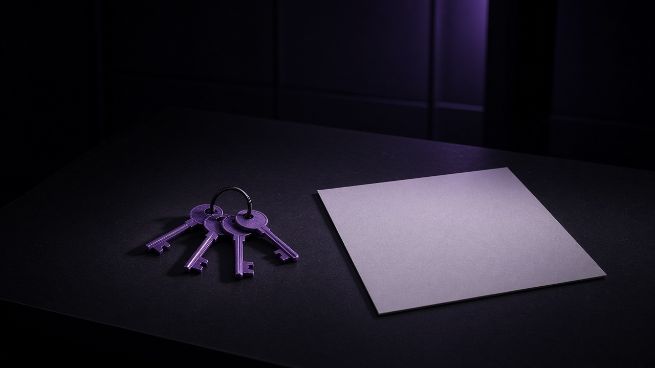 Four purple authority keys and a blank 100-day card on a dark desk — Motto x Beyond Chiefs