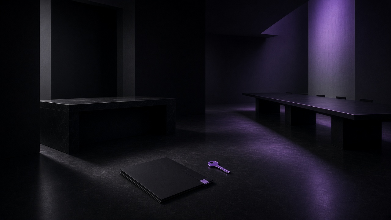 Empty CIO desk, board table, unused violet incident key and sealed folder — Motto x Beyond Chiefs