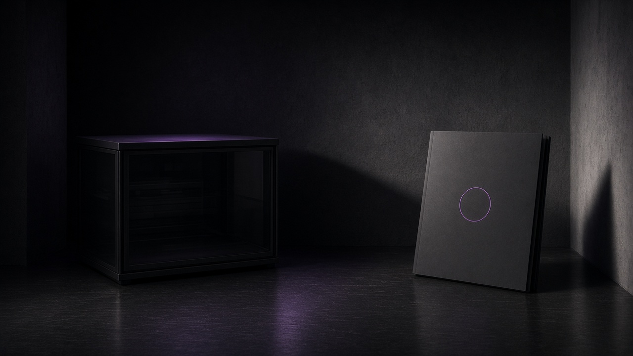 Empty CIO console and blank decision folder with unused violet ring — Motto x Beyond Chiefs