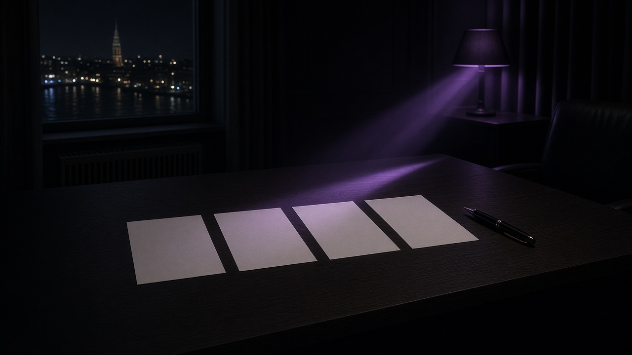 Four blank papers and an unused pen on a dark desk, violet lamp.