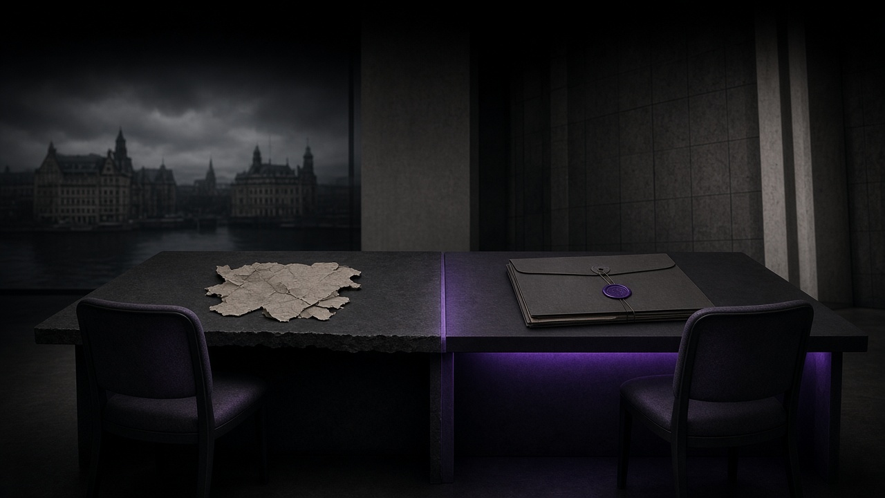 Two empty mandate chairs at a split desk - torn search phrase vs sealed retained folder - Motto x Beyond Chiefs