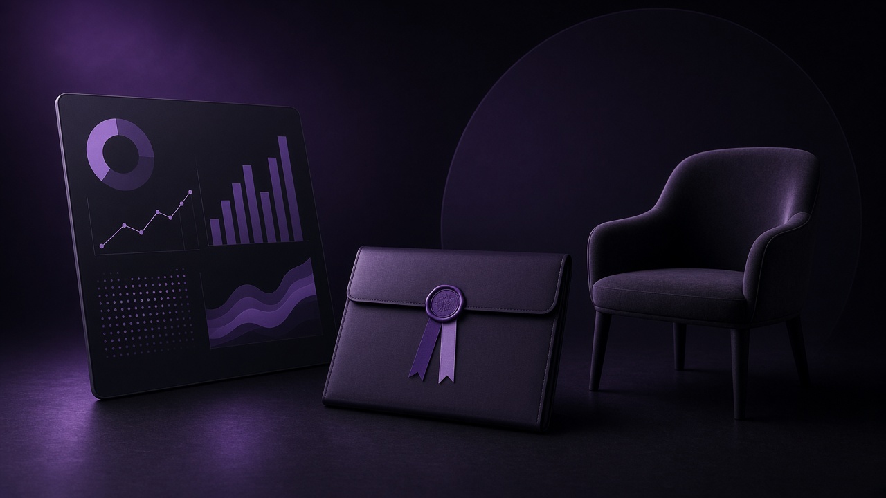 Data charts tablet beside sealed AI mandate folder - Motto x Beyond Chiefs