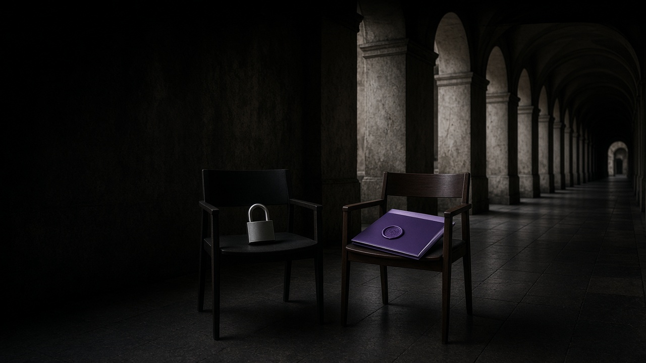 Two empty chairs with lock and violet sealed mandate - Motto x Beyond Chiefs