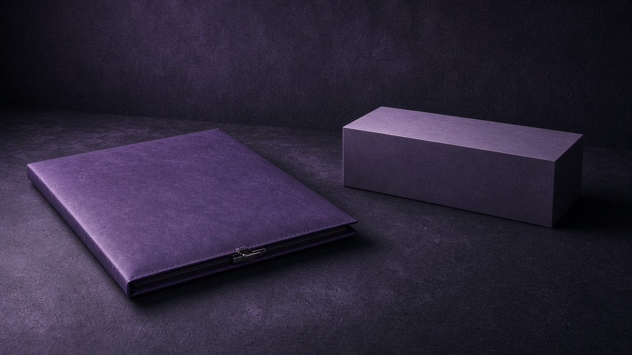 Empty sealed AI mandate folder beside unused generic firm plaque - Motto x Beyond Chiefs